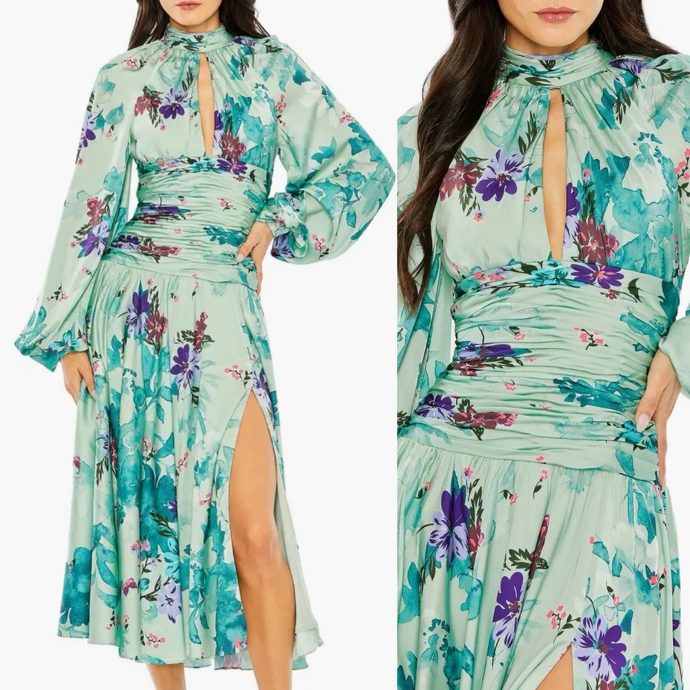 Brand New- IEENA FOR MAC DUGGAL
Green Keyhole Satin Long Sleeve Floral Dress 💙